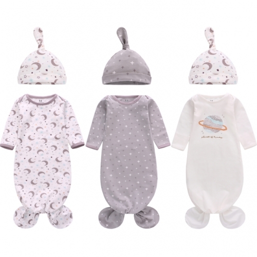 3er Pack Neugeborenes geknotetes Nachthemd Langarm mit passendem Hut-Set, Baumwoll-Baby-Schlafanzüge Schlafsäcke Home-Outfits-Set mit Fäustlingsmansch