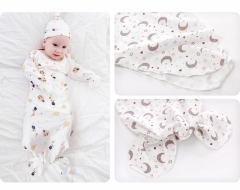 3er Pack Neugeborenes geknotetes Nachthemd Langarm mit passendem Hut-Set, Baumwoll-Baby-Schlafanzüge Schlafsäcke Home-Outfits-Set mit Fäustlingsmansch