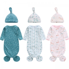 3er Pack Neugeborenes geknotetes Nachthemd Langarm mit passendem Hut-Set, Baumwoll-Baby-Schlafanzüge Schlafsäcke Home-Outfits-Set mit Fäustlingsmansch