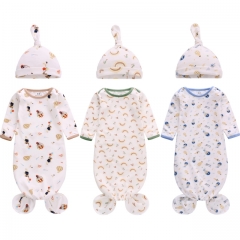 3er Pack Neugeborenes geknotetes Nachthemd Langarm mit passendem Hut-Set, Baumwoll-Baby-Schlafanzüge Schlafsäcke Home-Outfits-Set mit Fäustlingsmansch