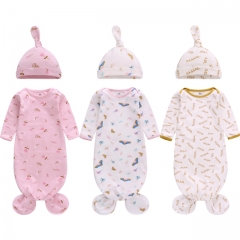 3er Pack Neugeborenes geknotetes Nachthemd Langarm mit passendem Hut-Set, Baumwoll-Baby-Schlafanzüge Schlafsäcke Home-Outfits-Set mit Fäustlingsmansch