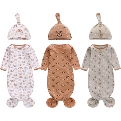 3er Pack Neugeborenes geknotetes Nachthemd Langarm mit passendem Hut-Set, Baumwoll-Baby-Schlafanzüge Schlafsäcke Home-Outfits-Set mit Fäustlingsmansch