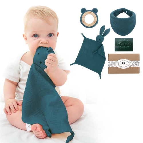 Geschenksets zur Geburt für Babys Junge Mädchen Schmusetuch Beißring Holz und Lätzchen Baumwolle 3er